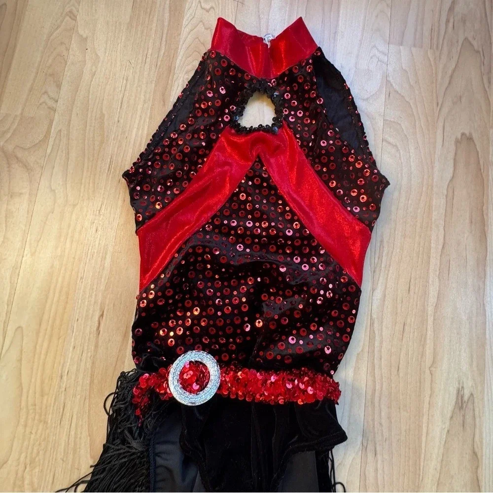 Leo's Costume Leotard Red Black Fringe Sequins Large Dance Tap Jazz Halloween